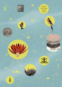 A collage of photos of various objects — bird, flower, hand, etc — and various icons all interconnected by bright yellow lines with occasional dots, like a circuit board, all on a light blue background with the text: Shared knowledge Shared future.